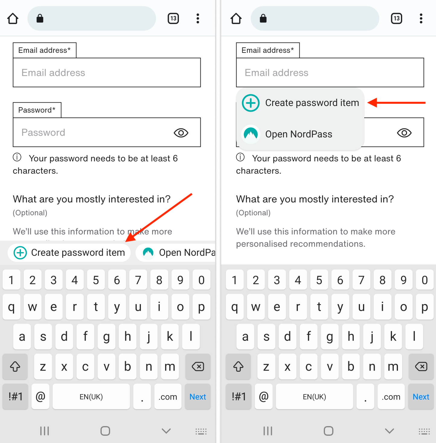 Create a new password item on a sign-up form using Android app – NordPass