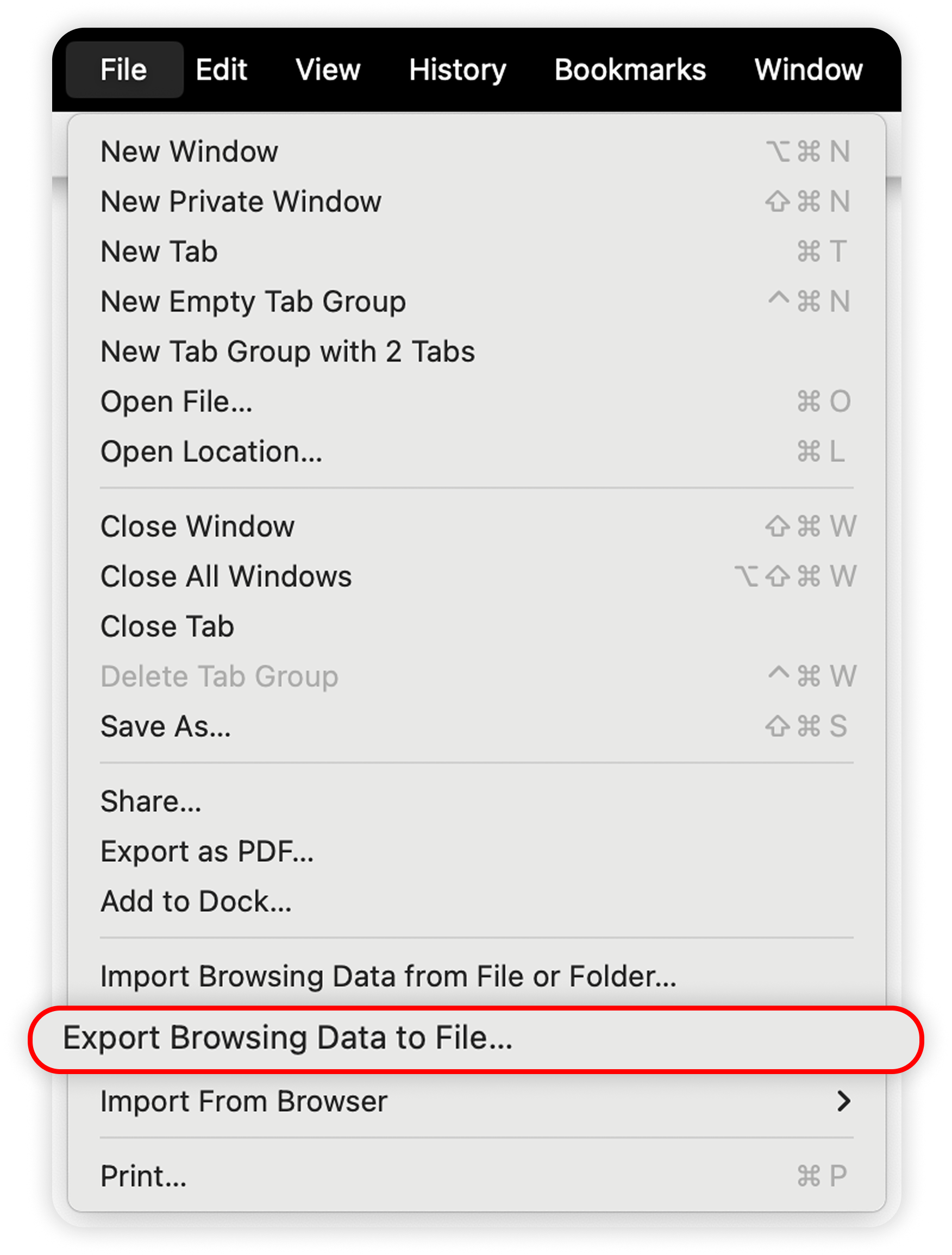 Vier of Safari's file section, export browsin data to file button is highlighted.png