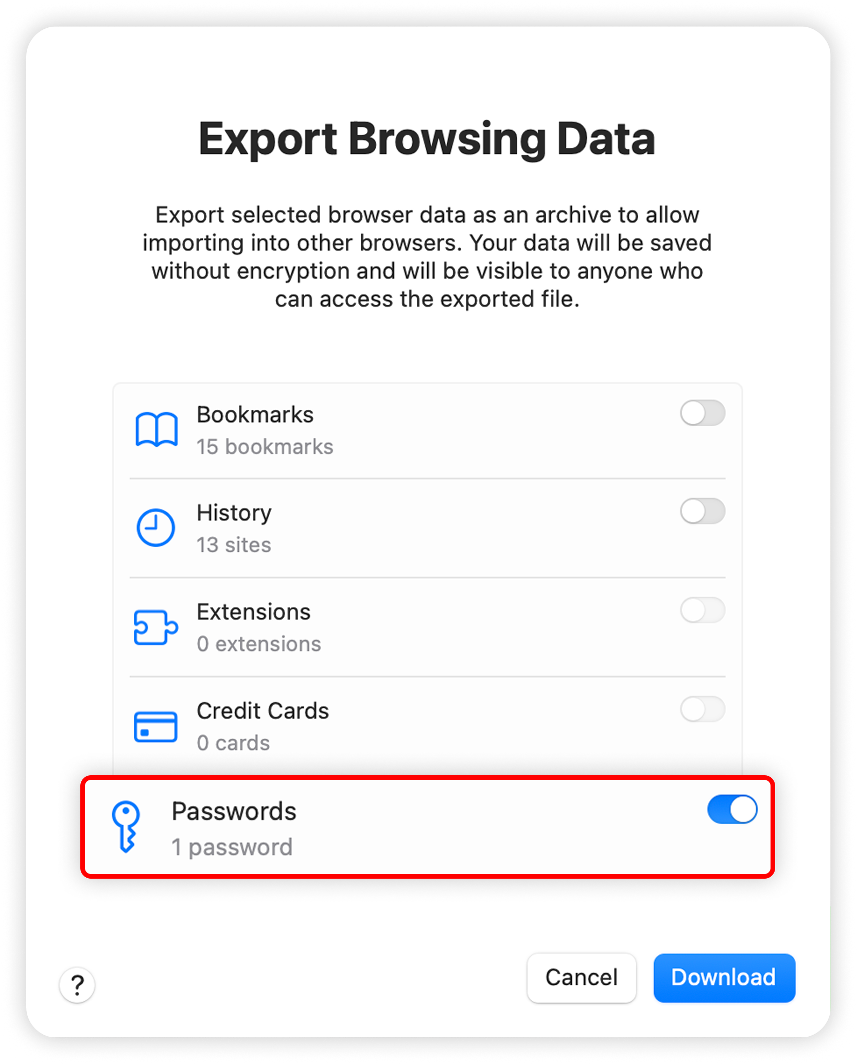 View of export browsing data section, passwords button is highlighted.png