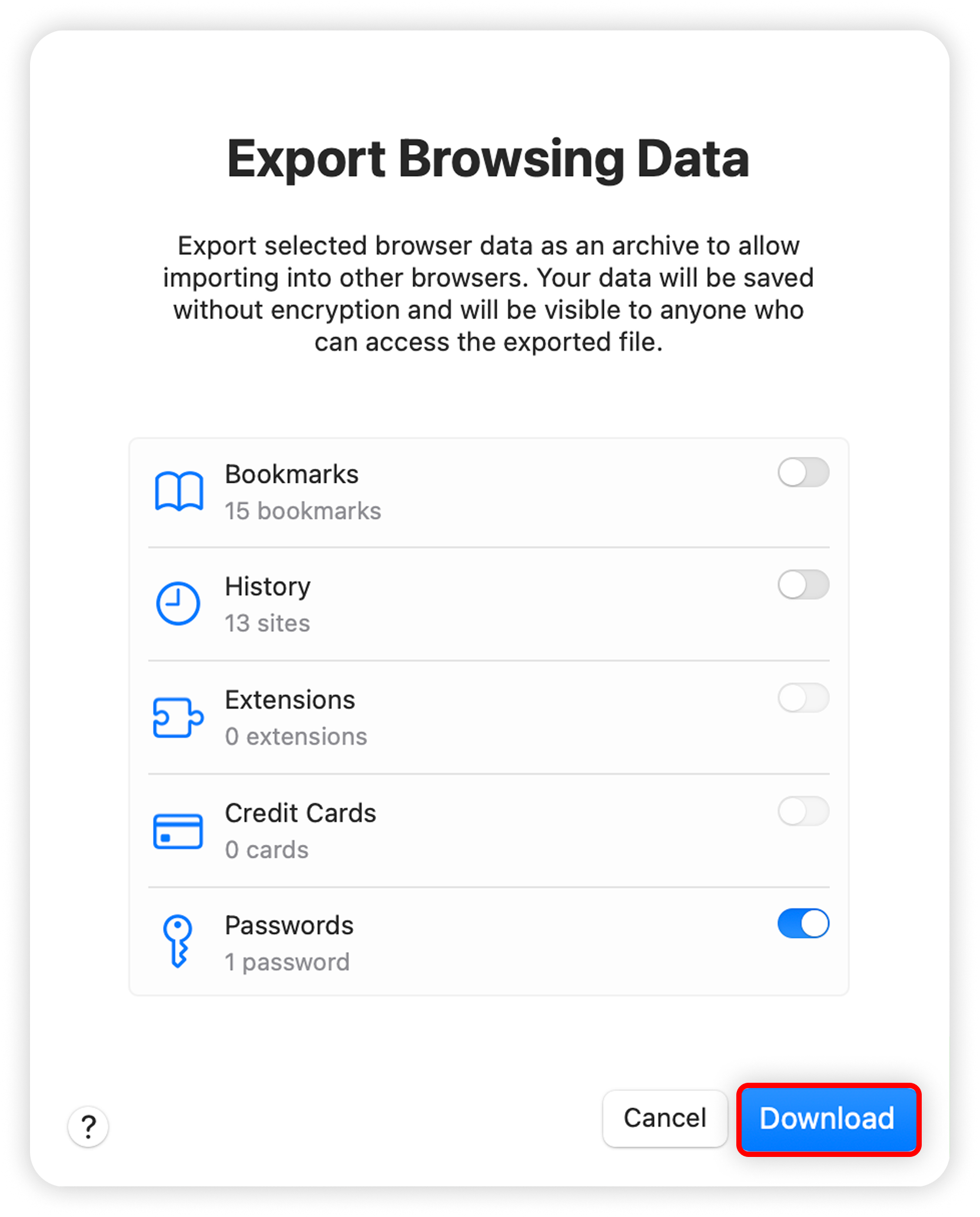 View of export browsing data section, download button is highighted.png