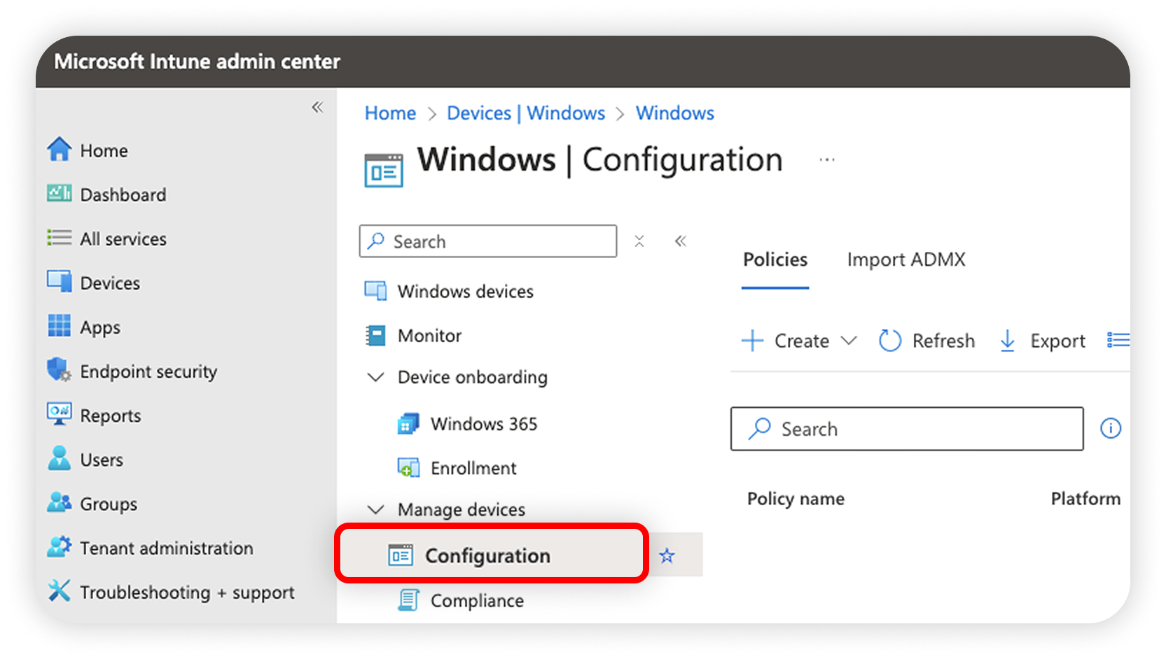 View of Microsoft Intune windows configuration tab, configuration button is highlighted.png