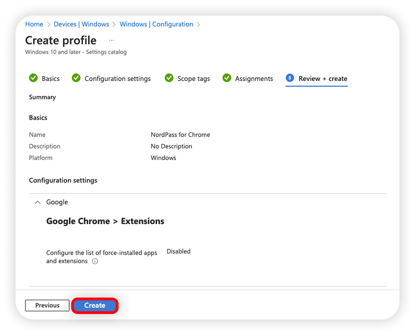 View of MI review+create section, create button is highlighted.png
