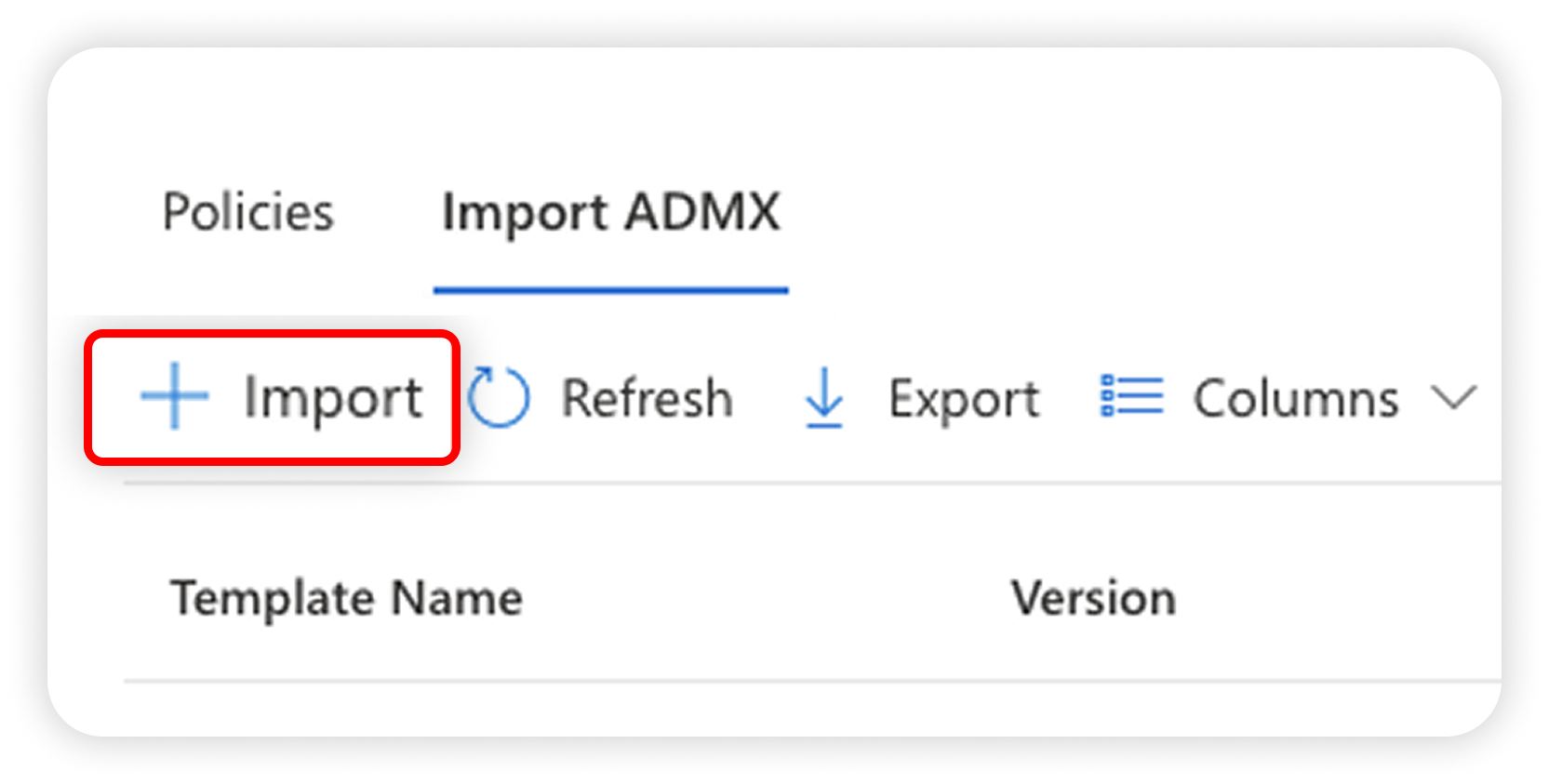 View of MI import admx section, import button is highlighted.png