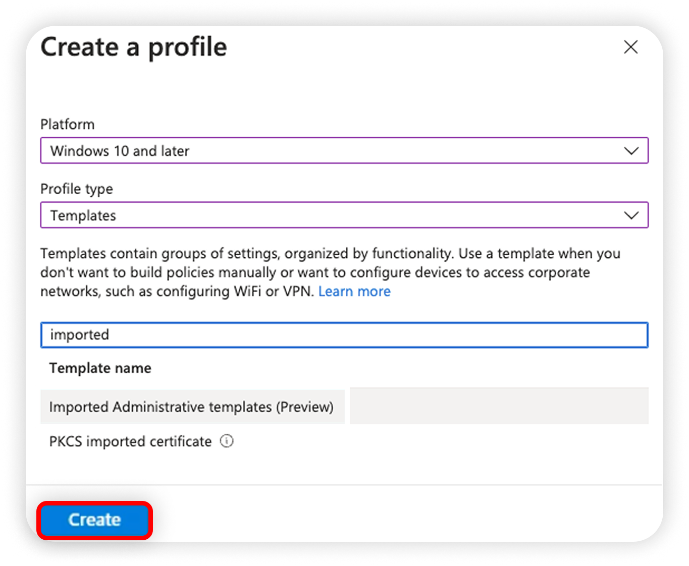 View of MI create a profile section, create button is highlighted.png