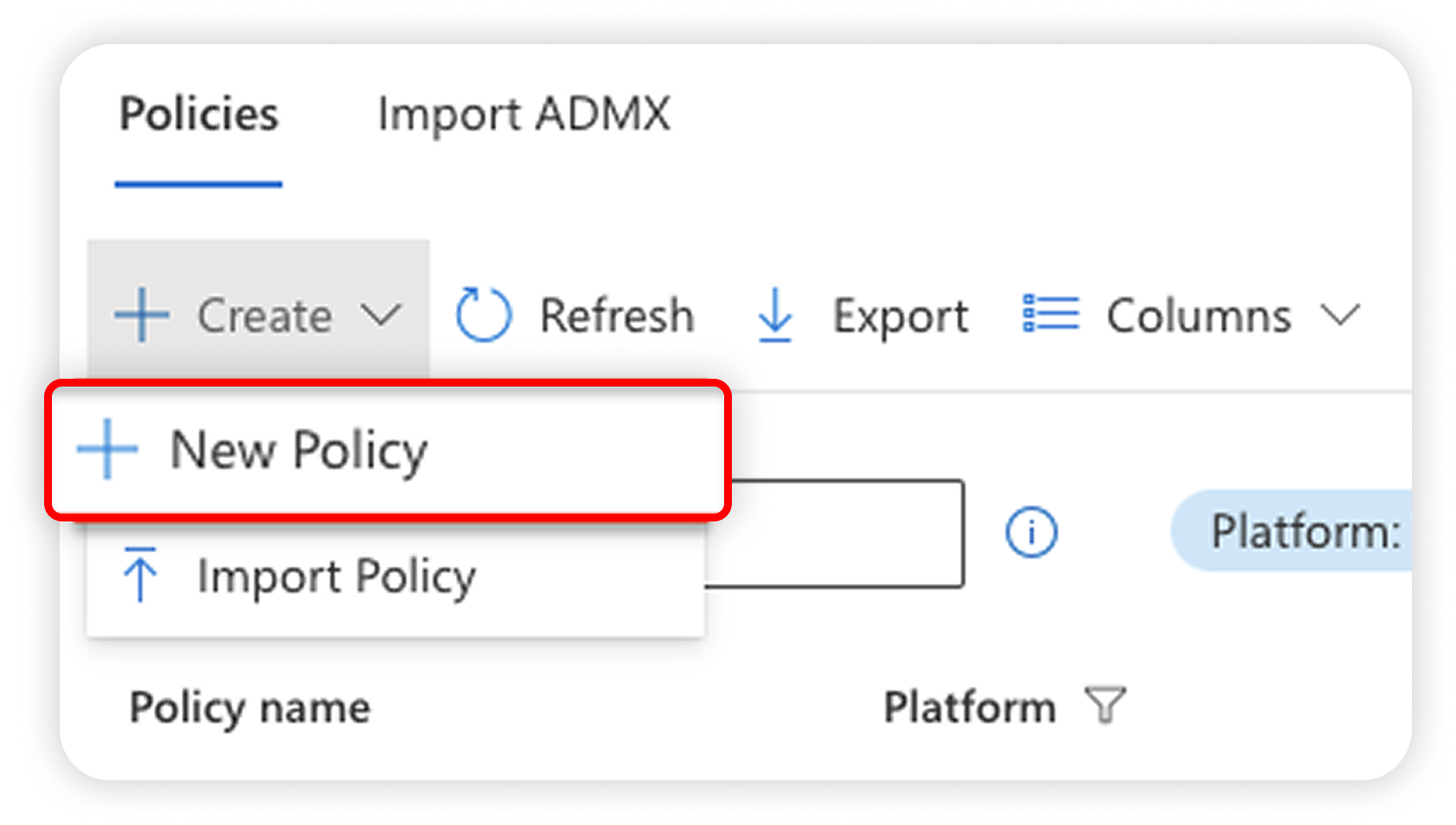 View of Microsoft Intune, new policy button is highlgihted.png
