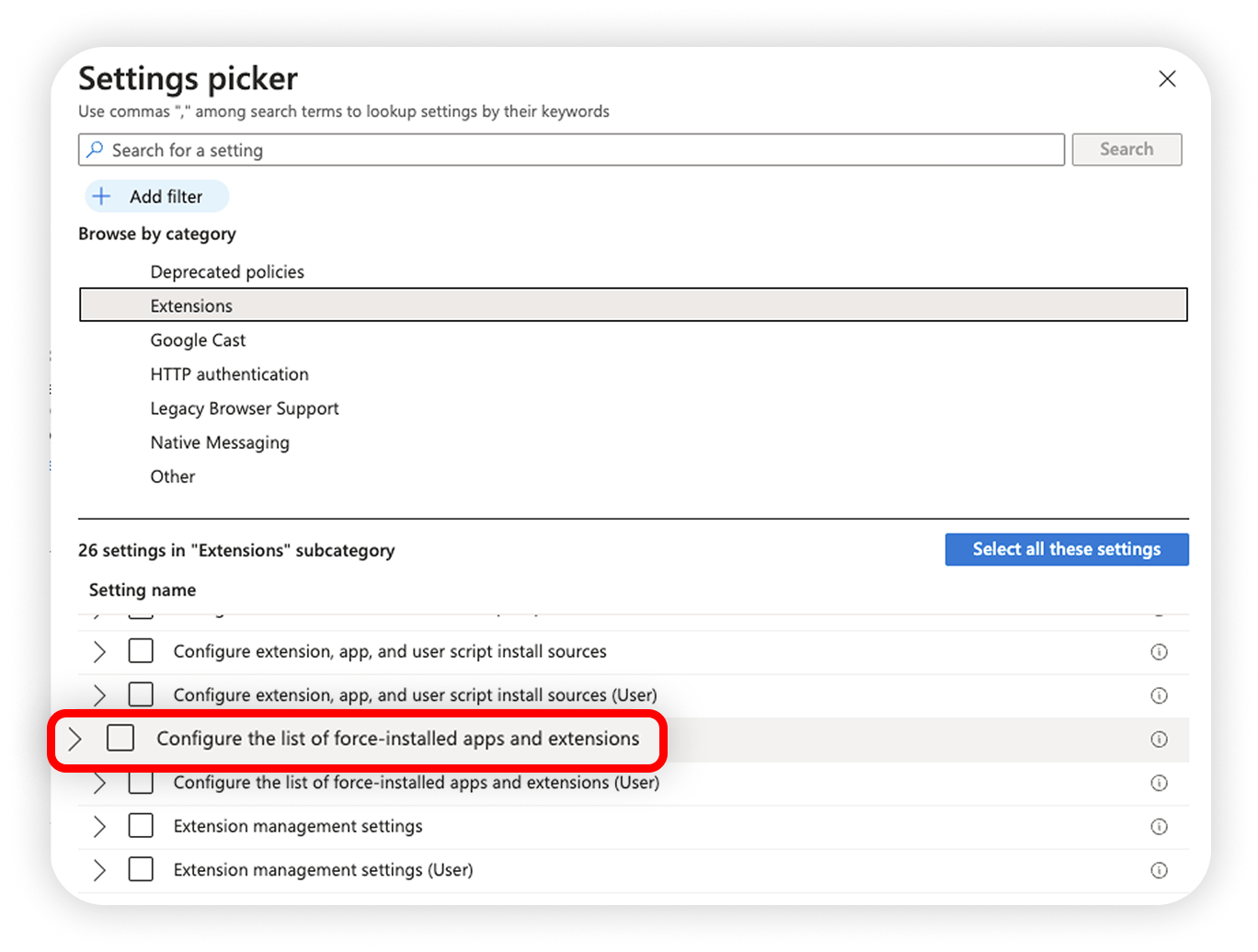 View of Microsoft Intune settings picker section, setting name v1 highlighted.png