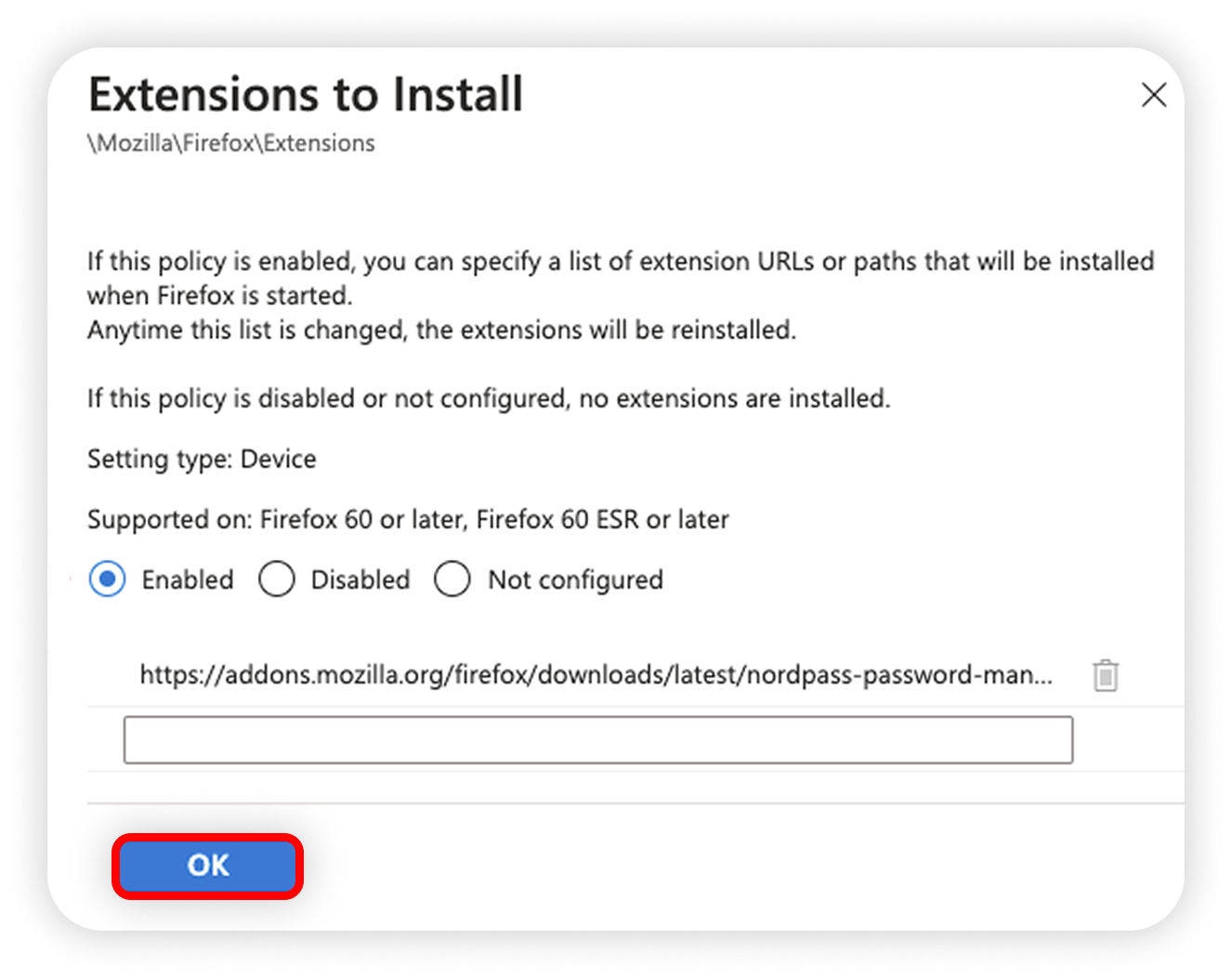 View of MI extensions to install section, ok button is highlighted.png