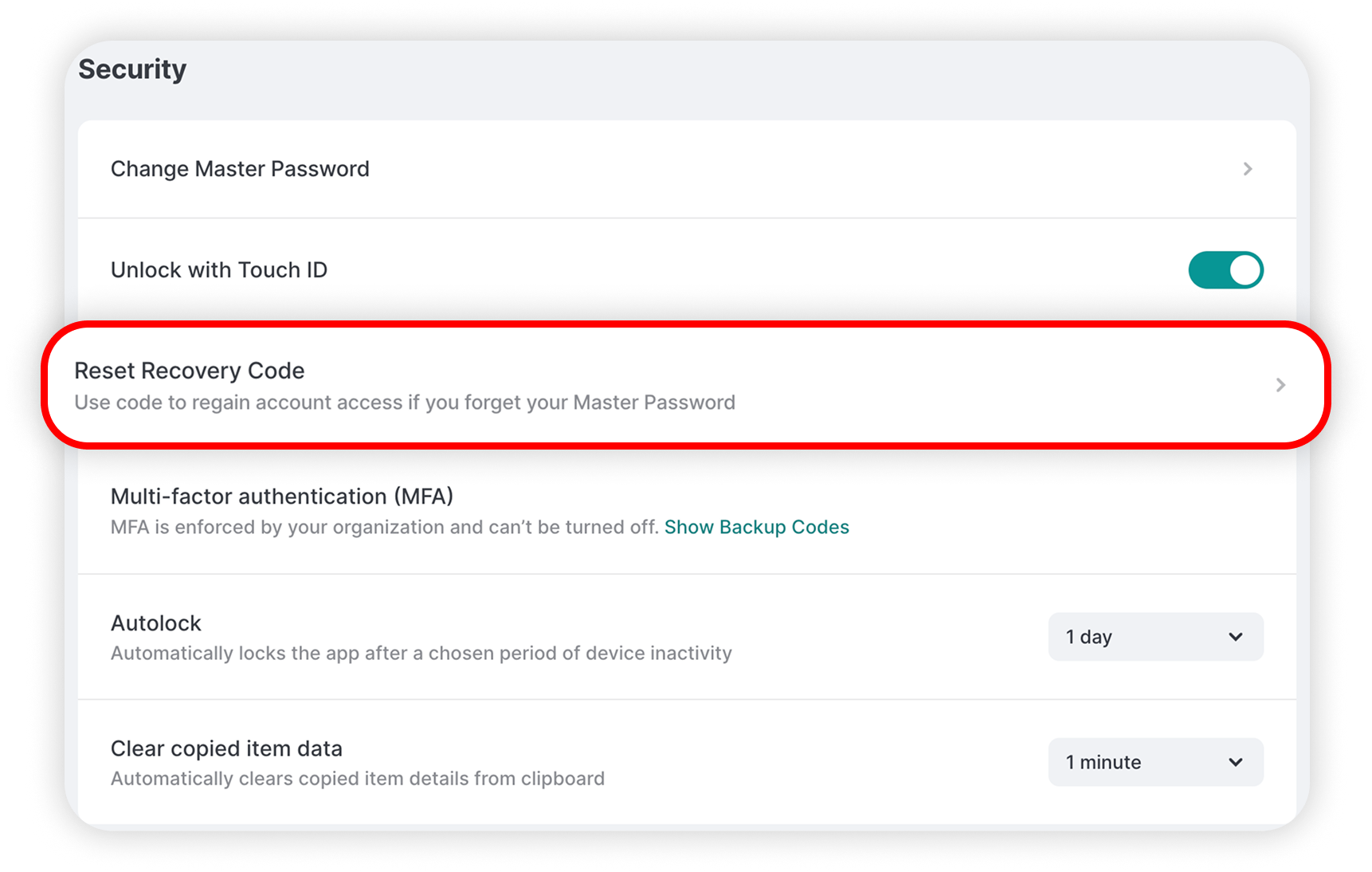 View of NordPass settings security section, reset recovery code button is highlighted.png