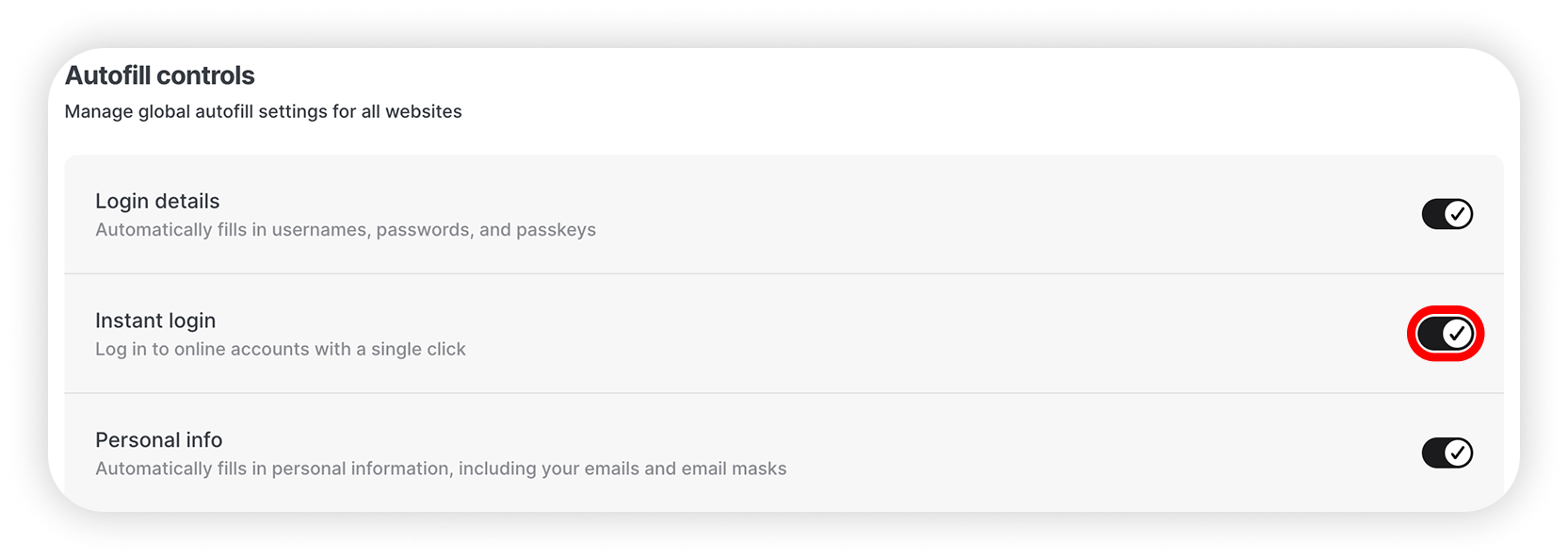 View of NordPass autofill controlls settings, instant login toggle is highlighted.png