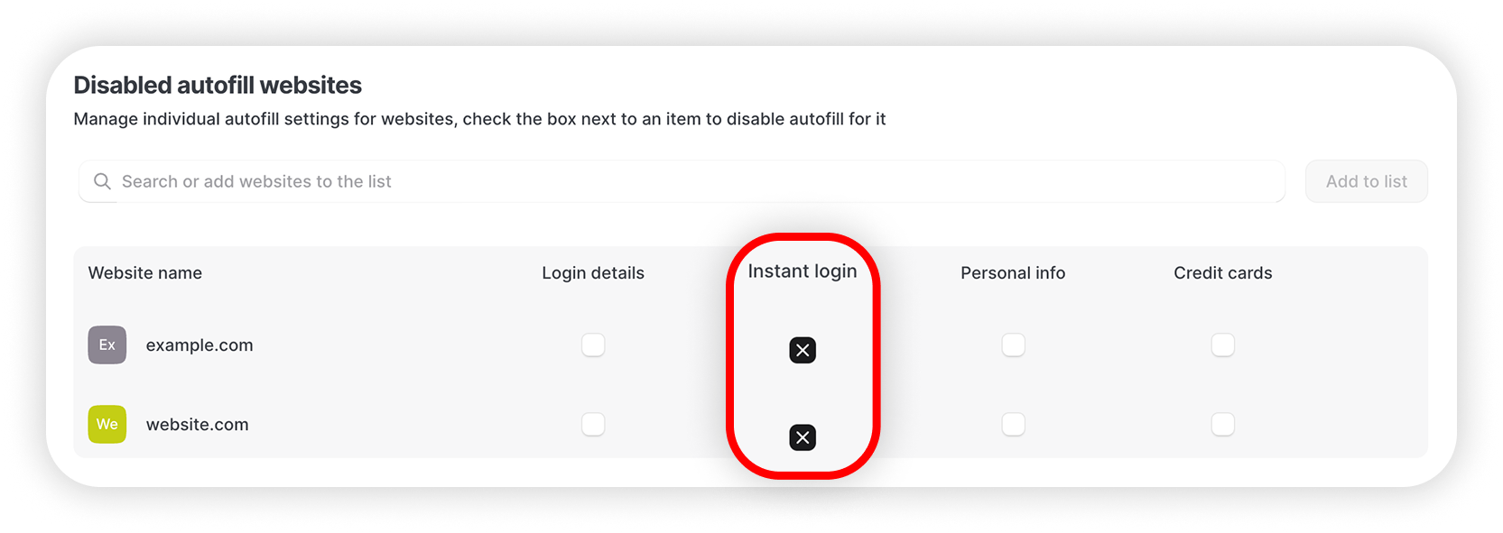 View of NordPass disabled autofill websites, instant login is highlighted.png