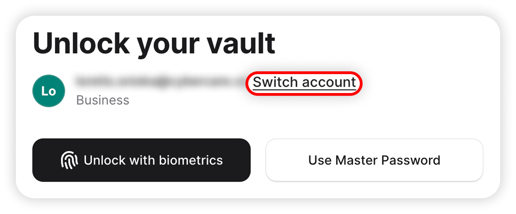 View of NordPass unlock your vault section, switch account button is highlighted.png
