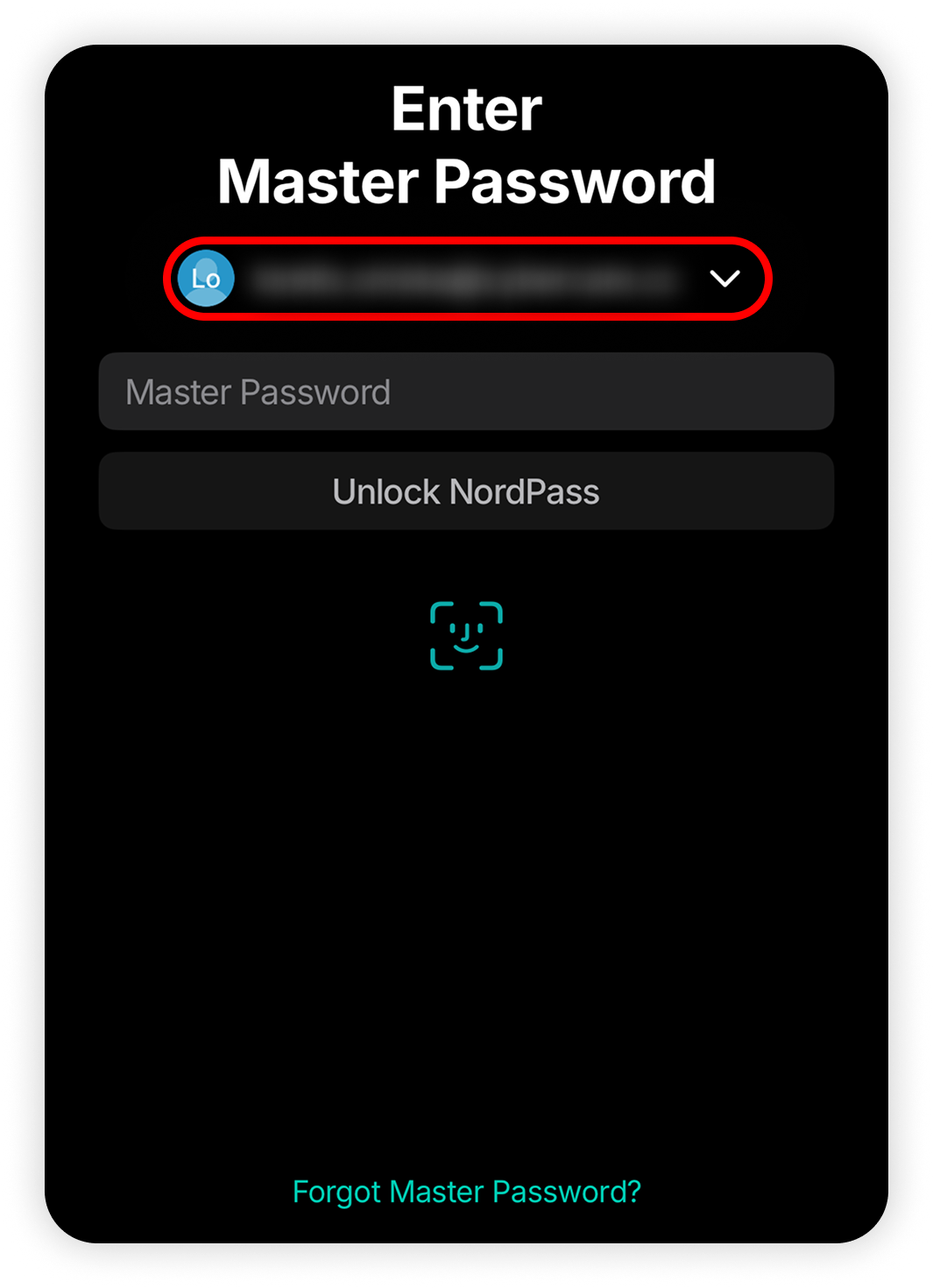 View of NordPass enter master password section, email address button is highlighted.png