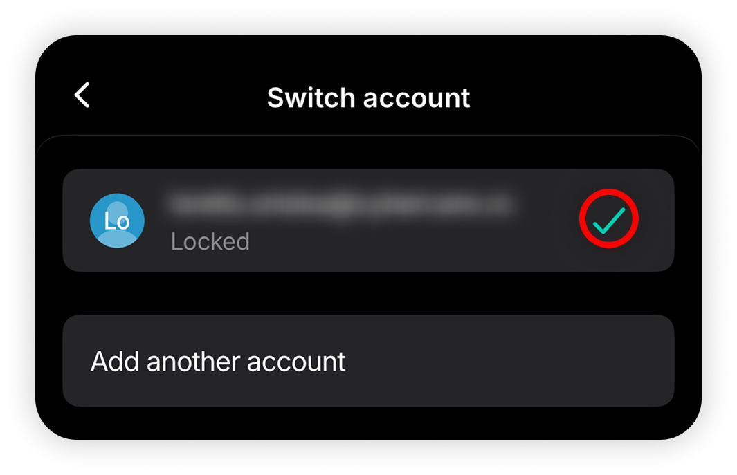 View of NordPass switch account section, checkmark button is highlighted.png