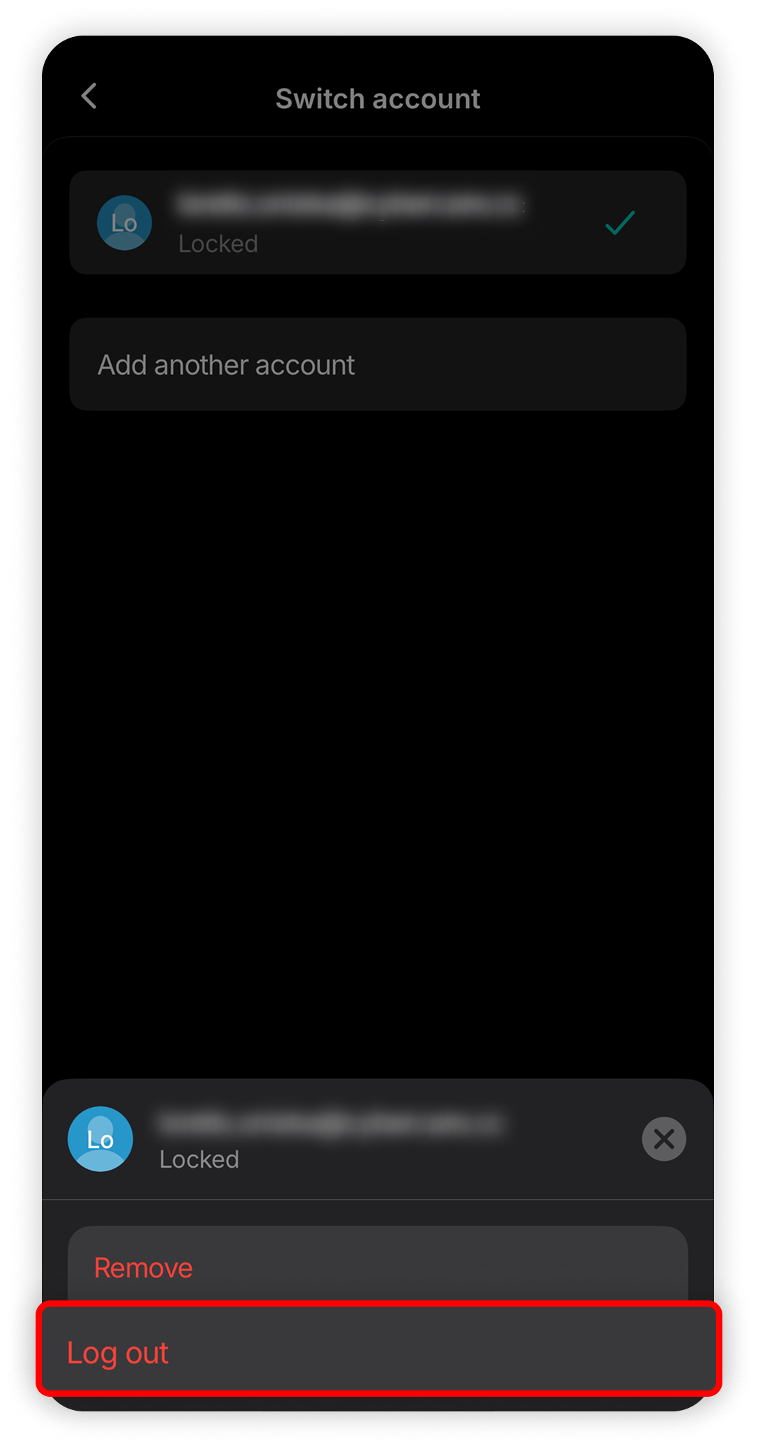 View of NordPass switch account section, log out button is highlighted.png