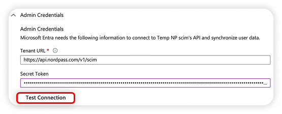 View of Admin credentials, test connection button is highlighted.png