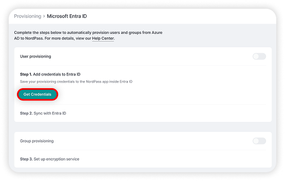 View of NordPss Microsoft Entra ID provisioning, get credentials button is highlighted.png