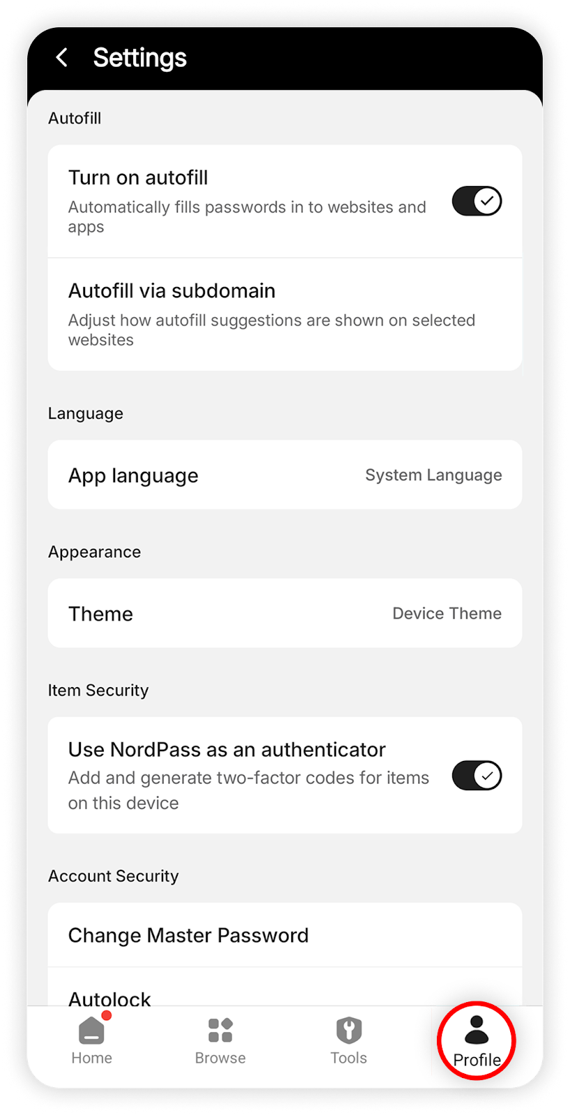 View of NordPass settings, profile button is highlighted.png