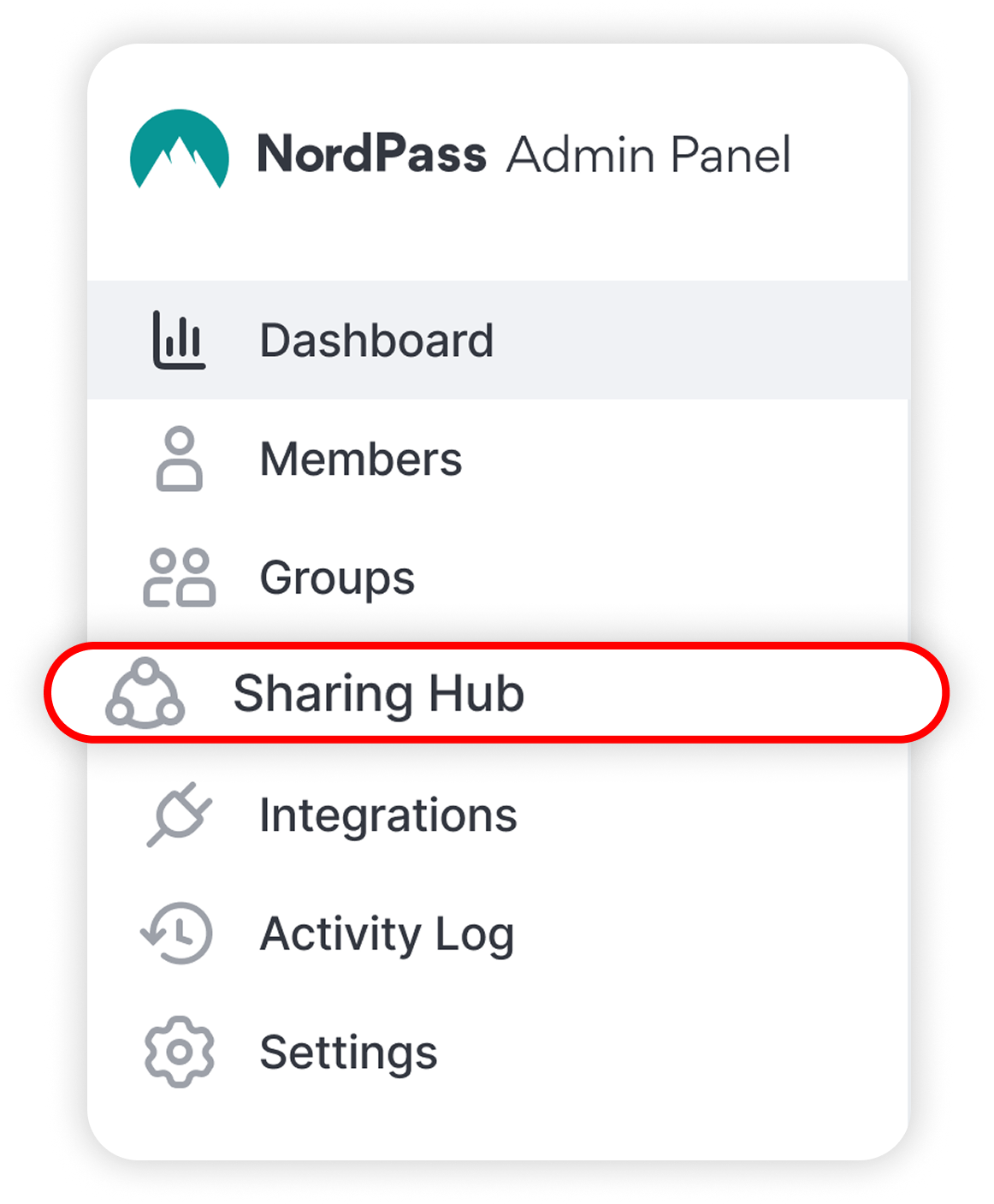 View of Nordpass admin panel, sharing hub button is highlighted.png