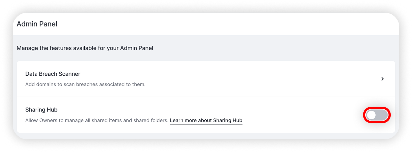 View of NordPass admin panel section, sharing hub toggle button is highlighted.png