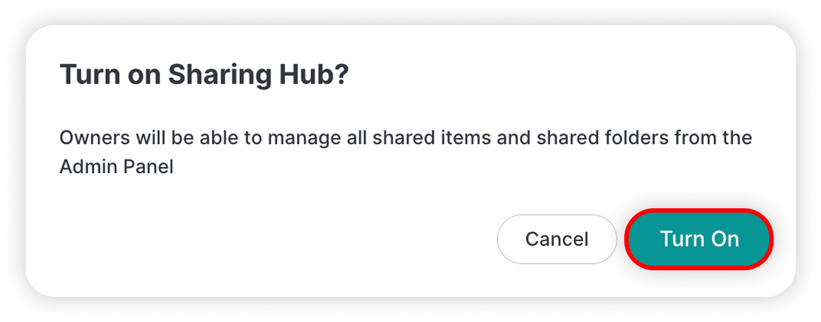 View of Nordpass admin panel sharing hub section, turn on button is highlighted.png