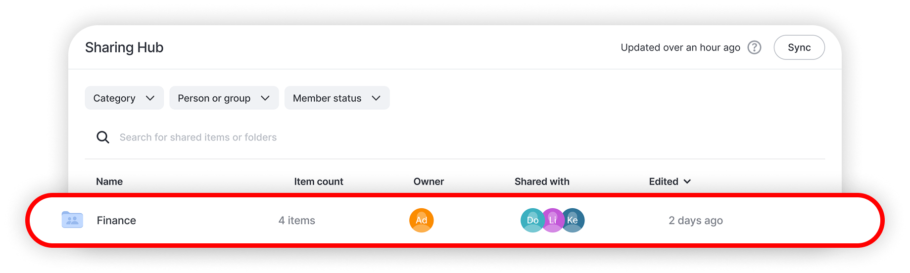 View of NordPass admin panel sharing hub section, folder is highlighted.png