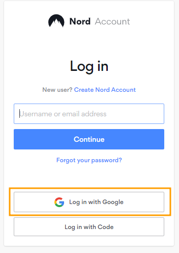 Nord-Account-Anmeldeseite mit der gelb umrandeten Schaltfläche „Log in with Google“