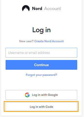 Nord-Account-Anmeldeseite mit der gelb umrandeten Schaltfläche „Log in with Code“