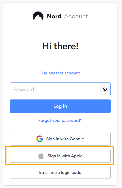 Page de connexion Nord Account avec le bouton Se connecter avec Apple entouré en jaune